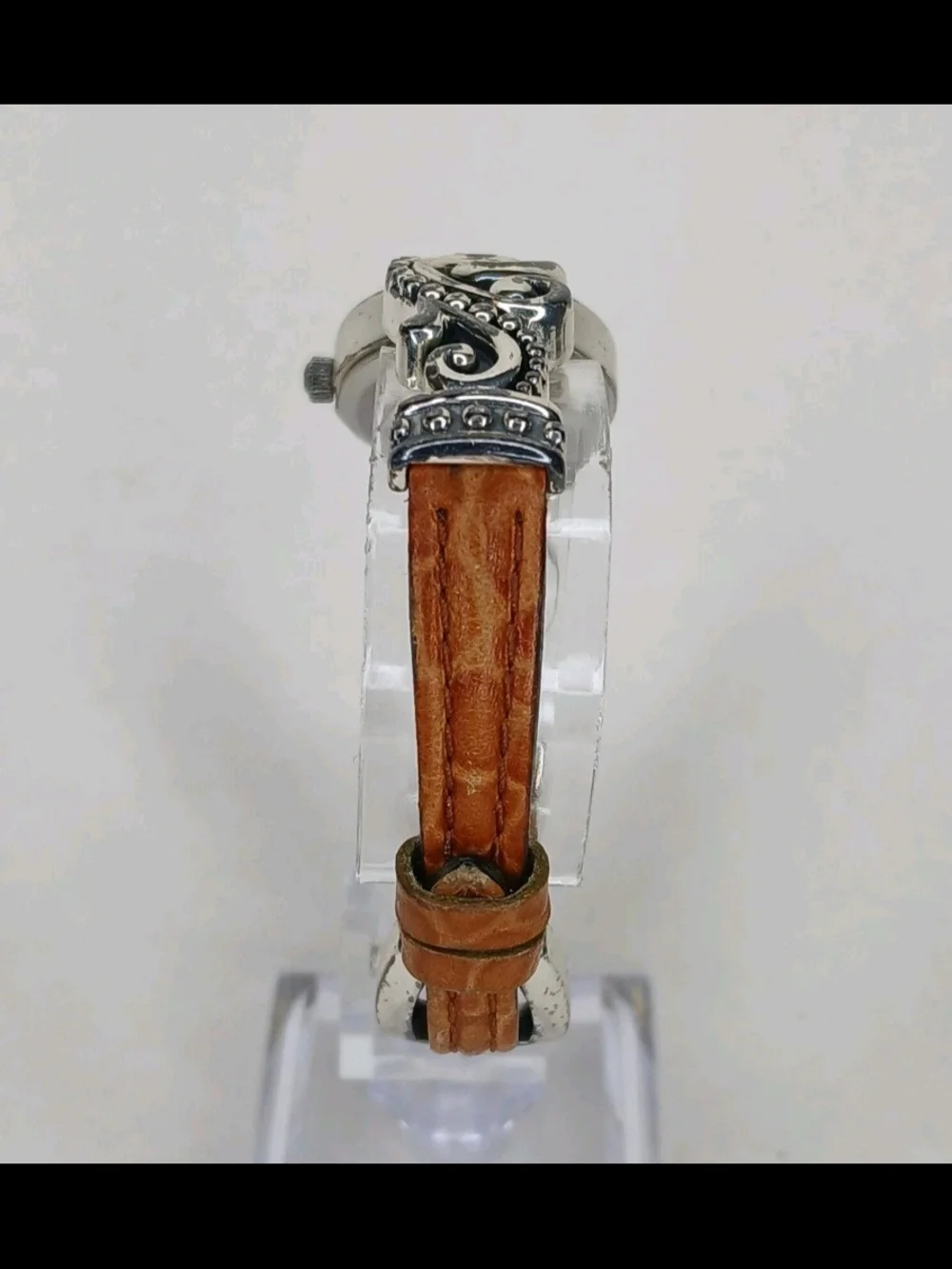 Brighton Bordeaux Ladies Watch Silver Tone Swirl Brown Leather Strap Quartz